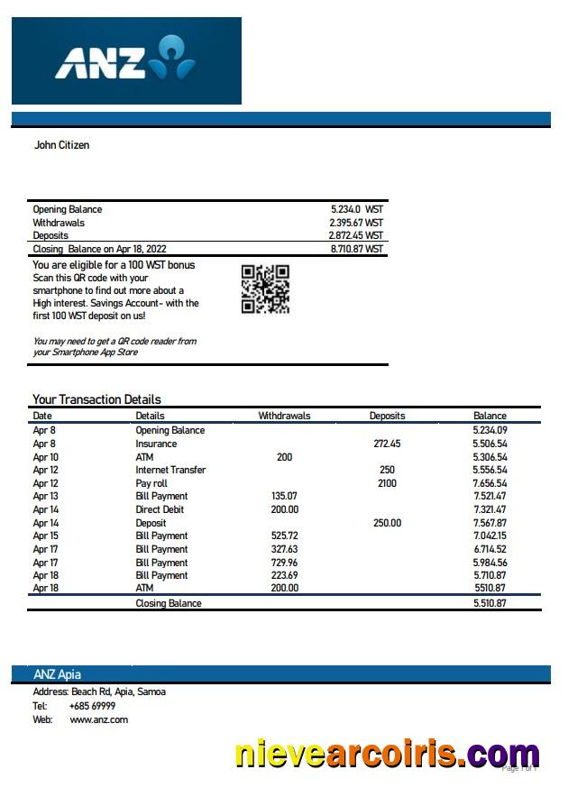 Samoa ANZ bank statement